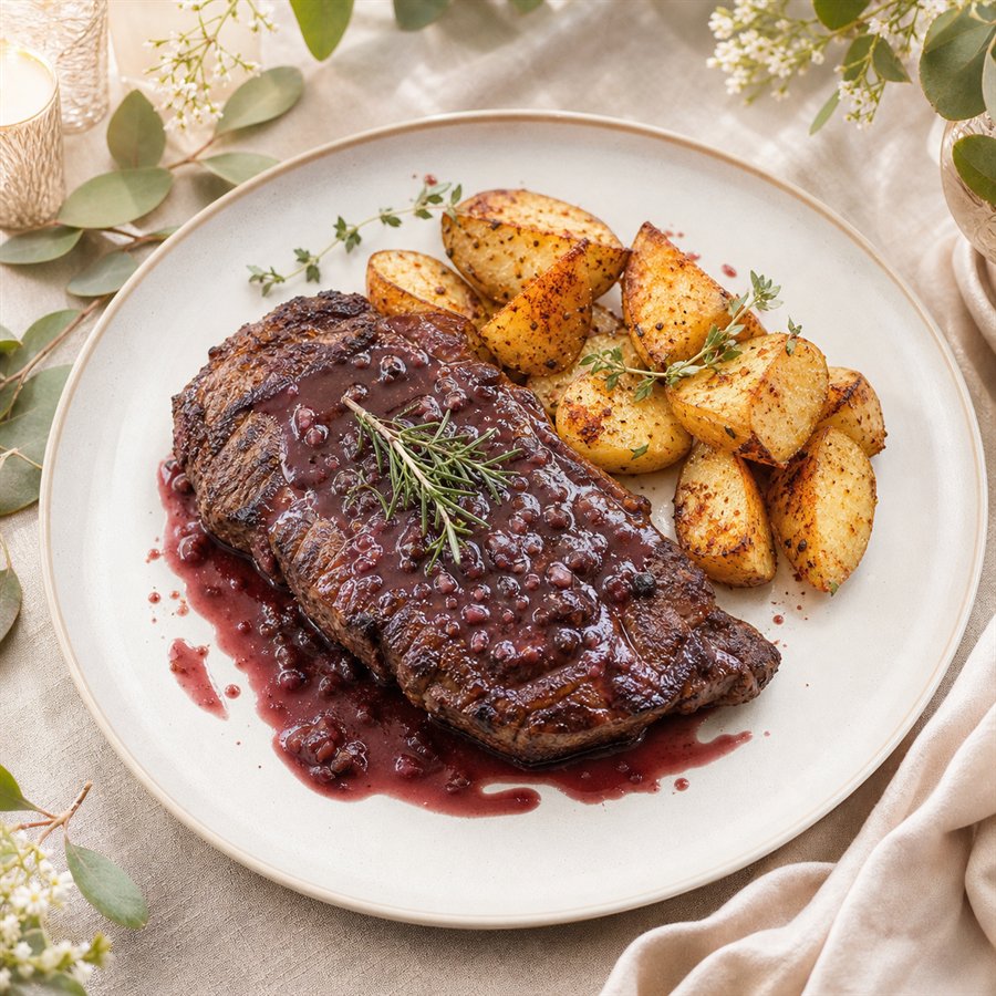 Lomo al vino tinto con papas doradas