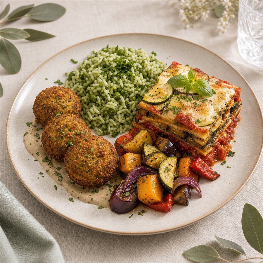 Menú vegano con arroz verde y vegetales